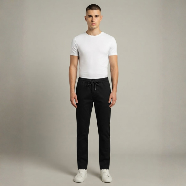 Black casual pants with an elastic waist and a long drawstring