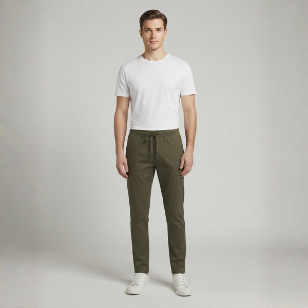 Dark olive casual pants with an elastic drawstring waist