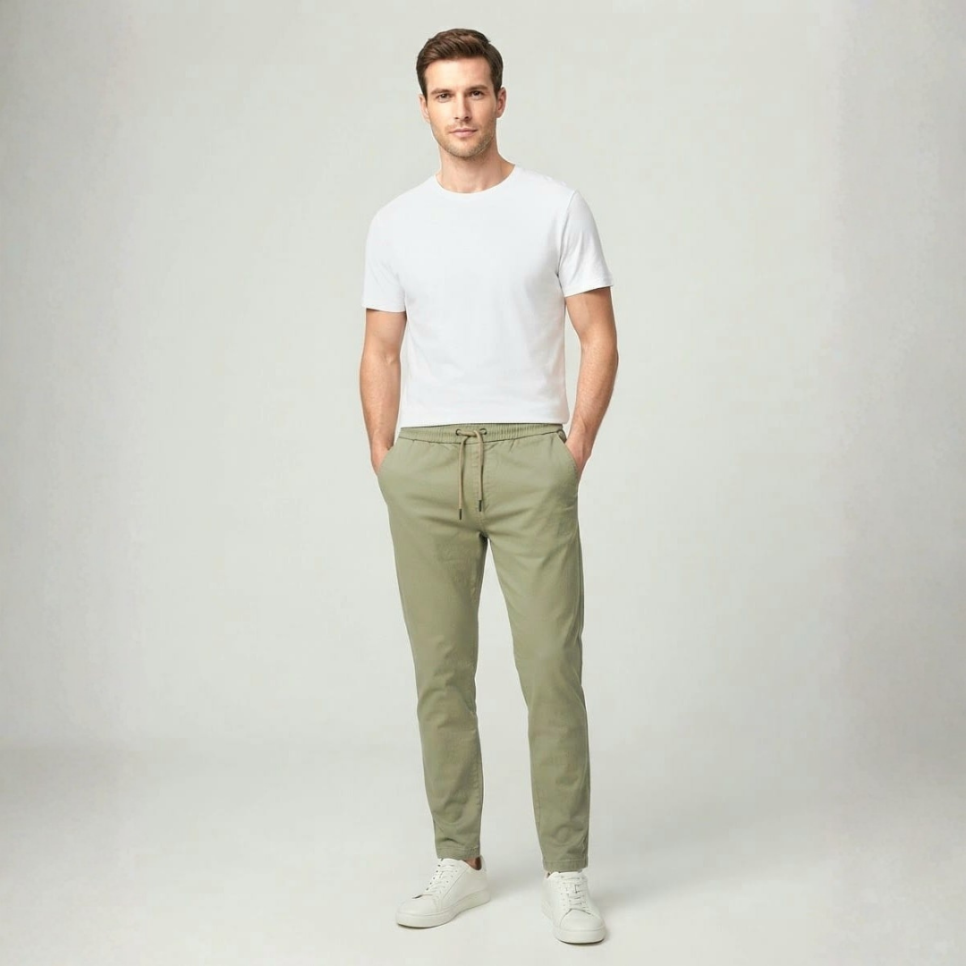 Light olive casual pants with an elastic drawstring waist