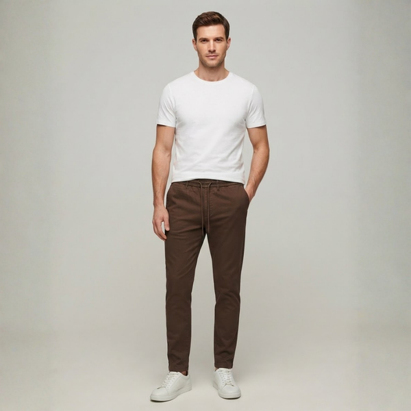 Brown casual pants with an elastic waist and slanted side pockets