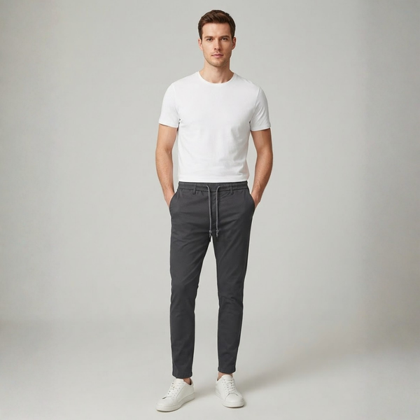 Dark grey casual pants with an elastic waist and belt loops