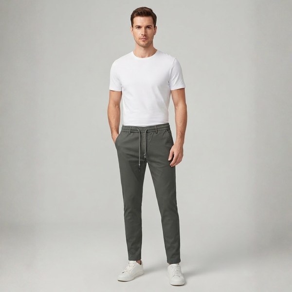 Olive grey casual pants with an elastic waist and a light drawstring