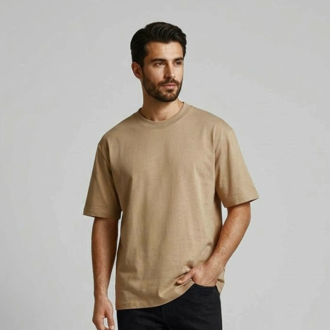 Camel T-shirt, Big Size, plain with a round neck in the same colour and short sleeves, worn by a person