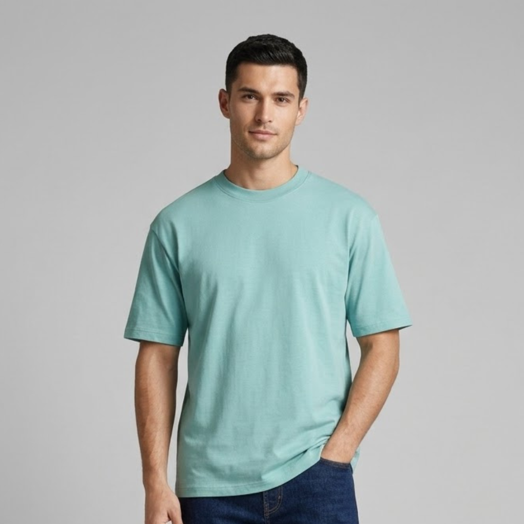 Mint green T-shirt, Big Size, plain with dropped shoulders and a round neck, worn by a person
