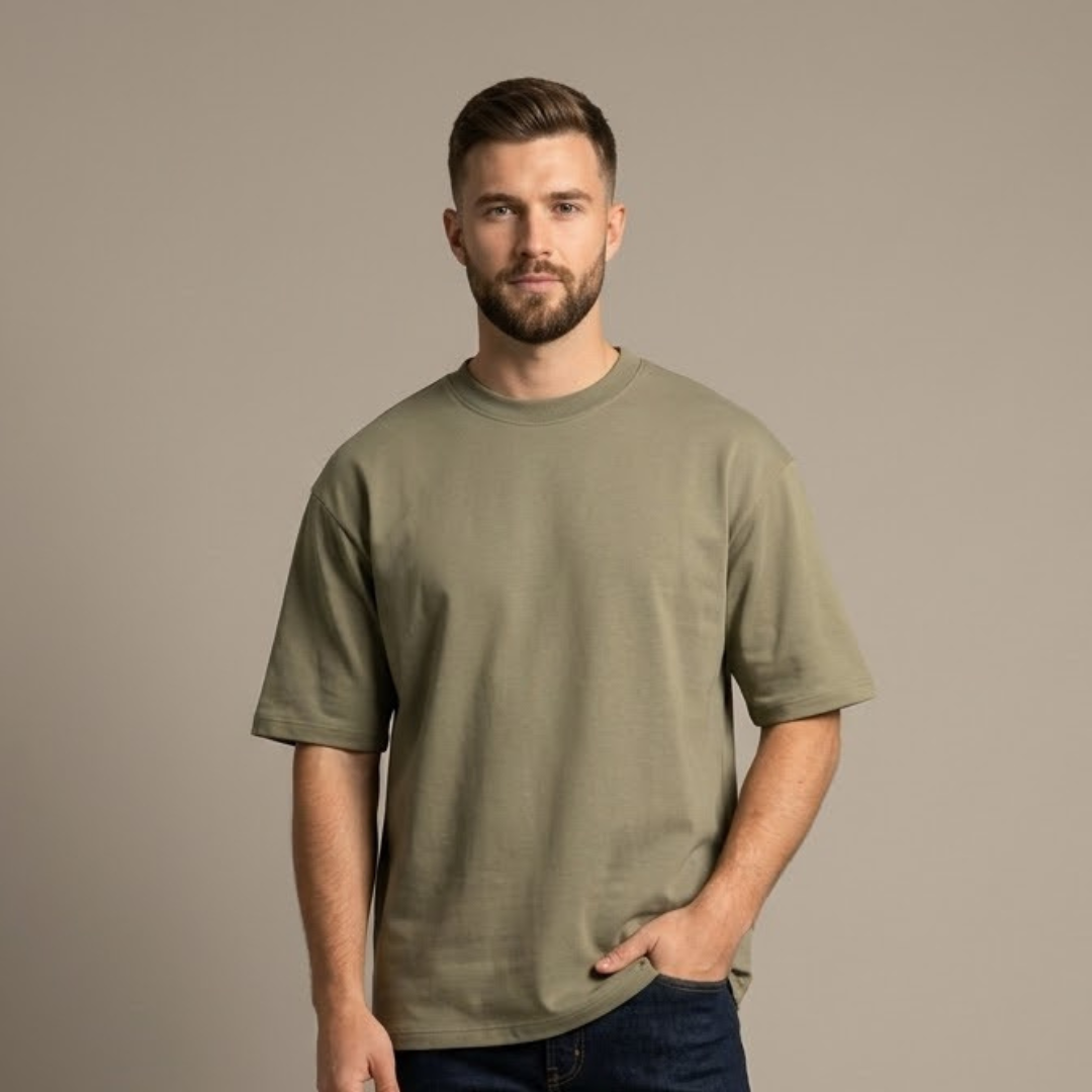 Olive T-shirt, Big Size, plain with a round neck in the same colour and dropped shoulders, worn by a person