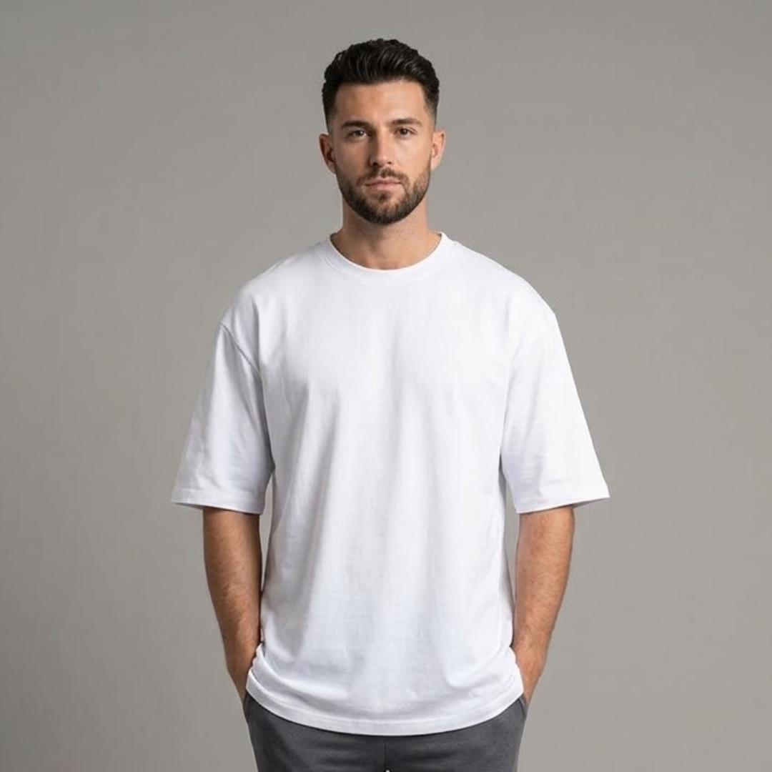 White T-shirt, Big Size, plain with dropped shoulders and a round neck, worn by a person