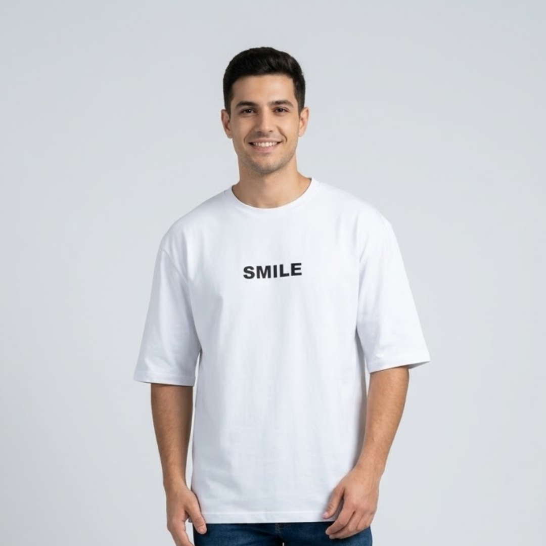 White Shop Five T-shirt, Big Size, black SMILE lettering on the chest, front view