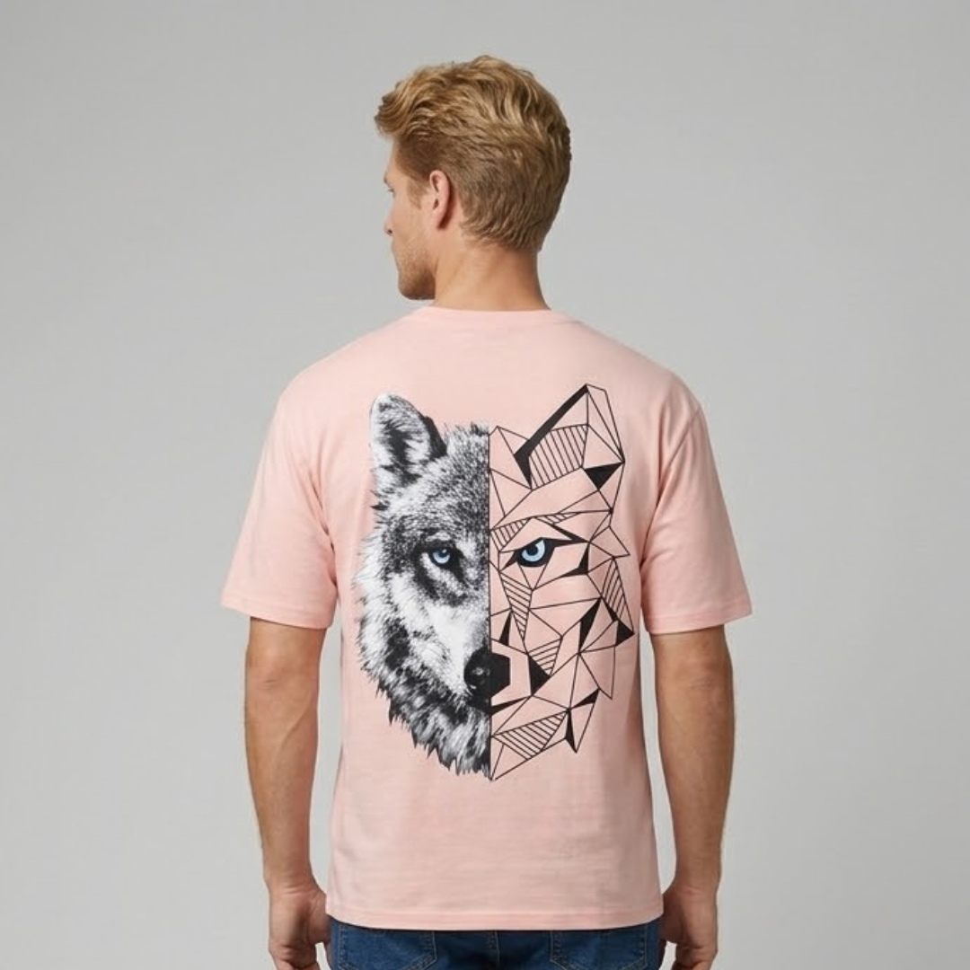 Light pink Shop Five T-shirt, Big Size, grey and black wolf head print on the back, back view