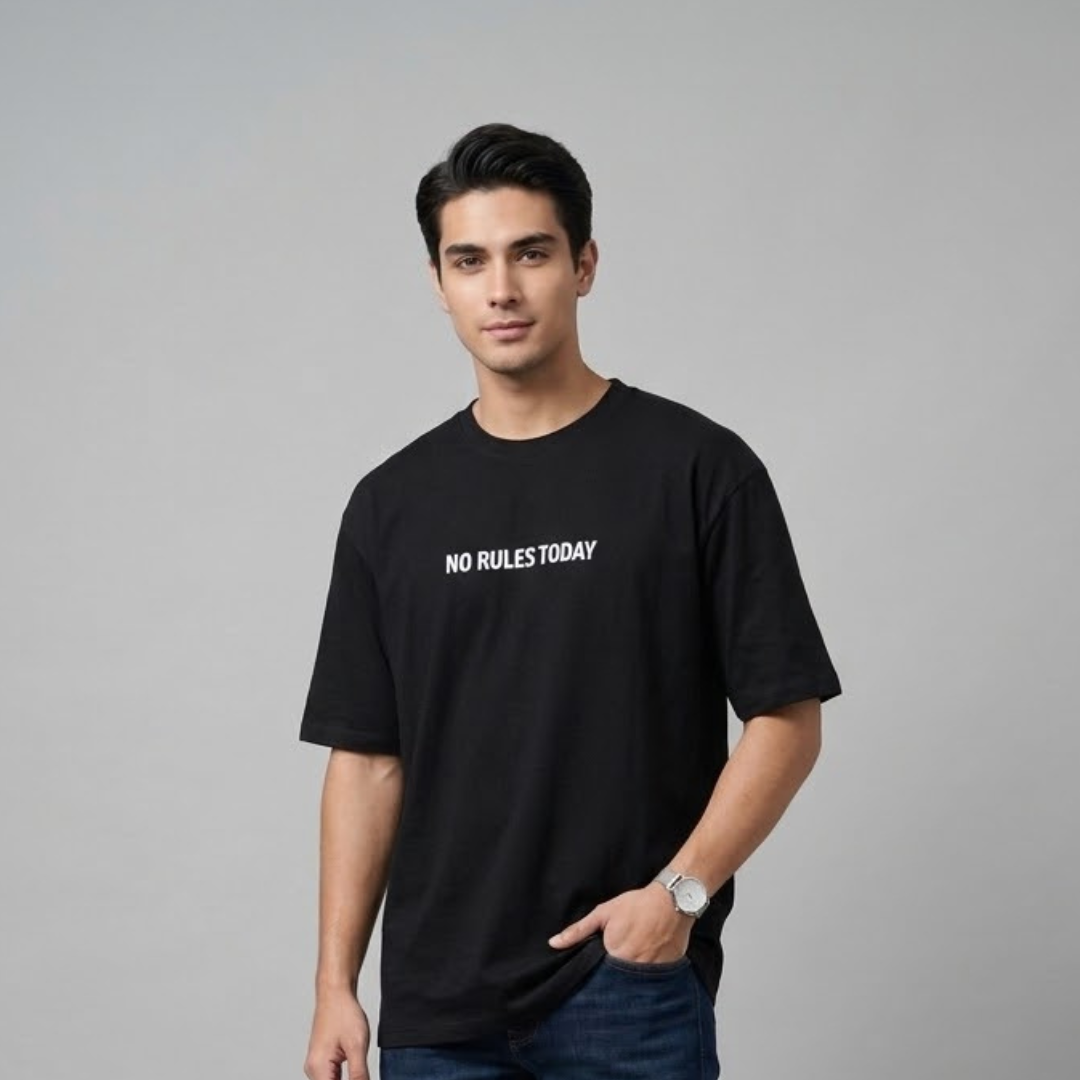 Black Shop Five T-shirt, Big Size, white NO RULES TODAY lettering on the chest, worn by a person