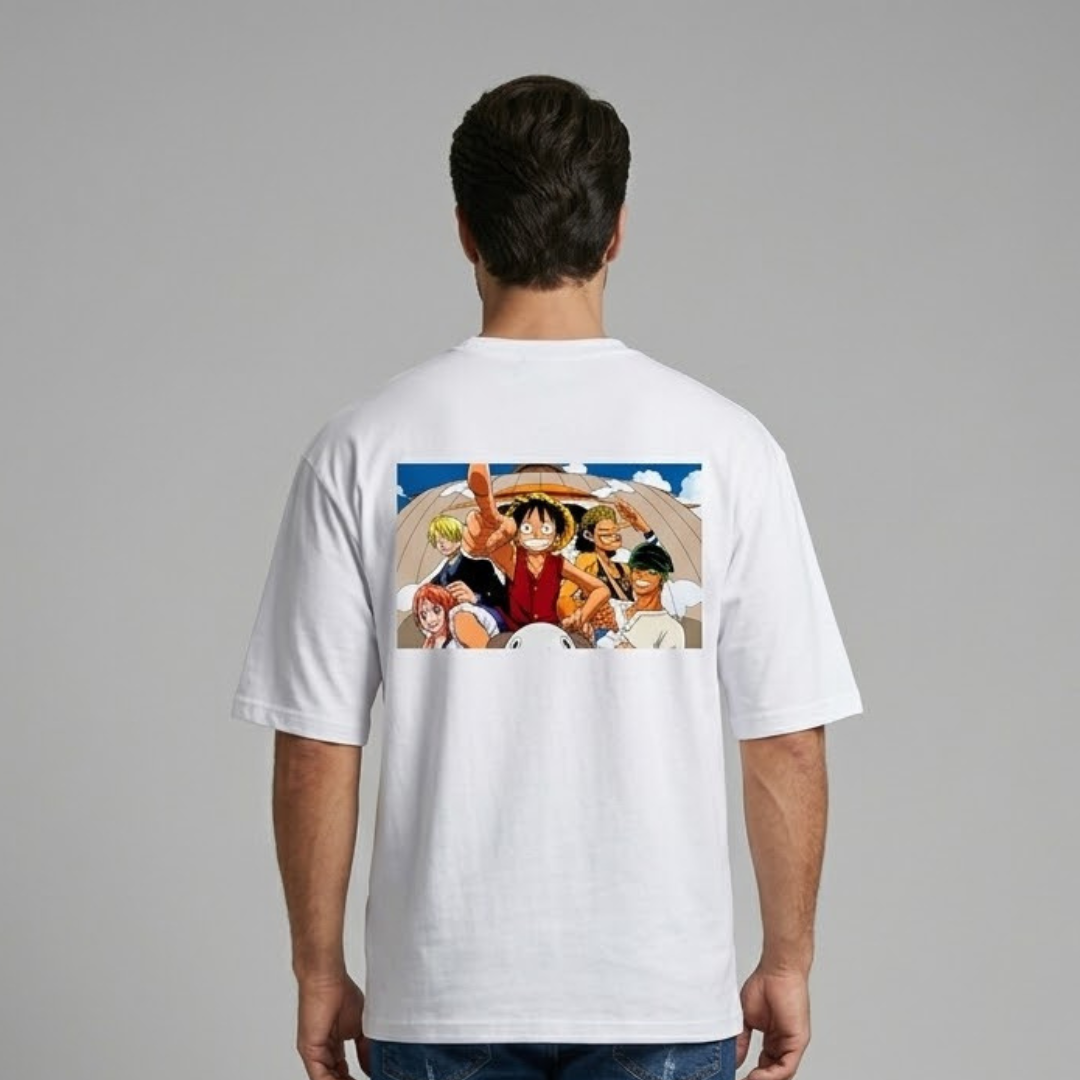White Shop Five T-shirt, Big Size, colourful rectangular cartoon characters print on the back, back view