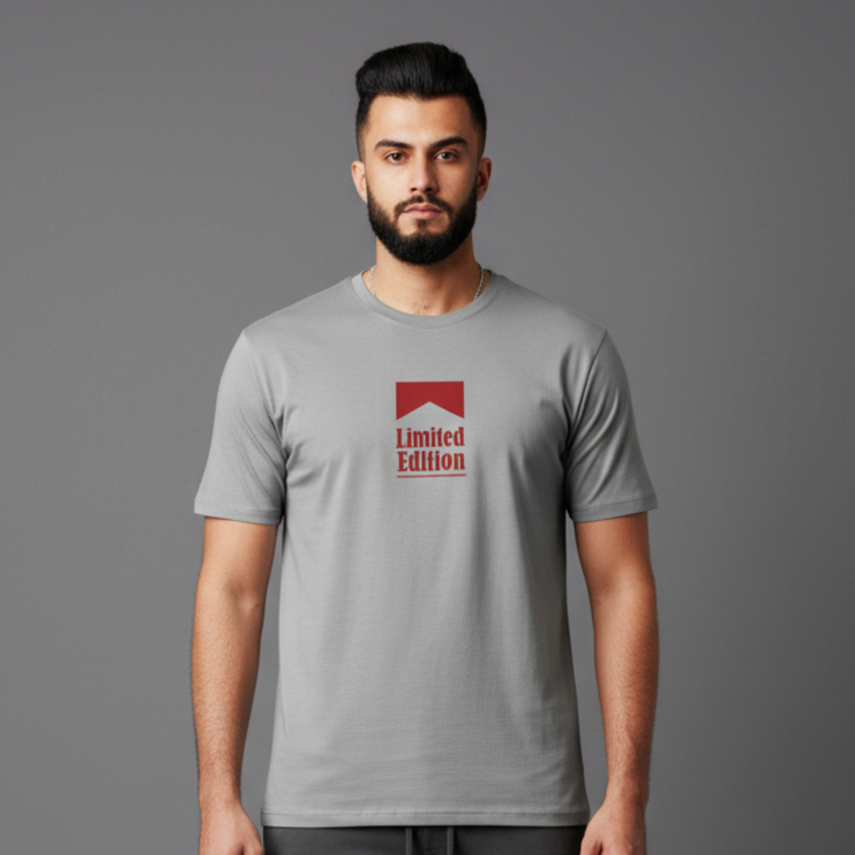 Oversized Super Size T-Shirt in light grey with a red square emblem and two red lines below