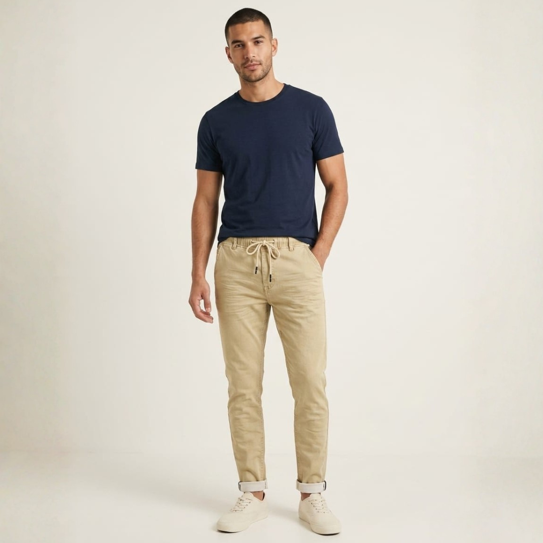 Man in beige drawstring waist pants with turned up cuffs and a navy tee, on a soft beige backdrop.