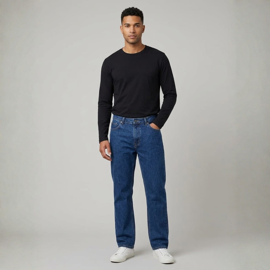 Man wearing deep blue relaxed straight jeans with a long sleeve black top and white shoes