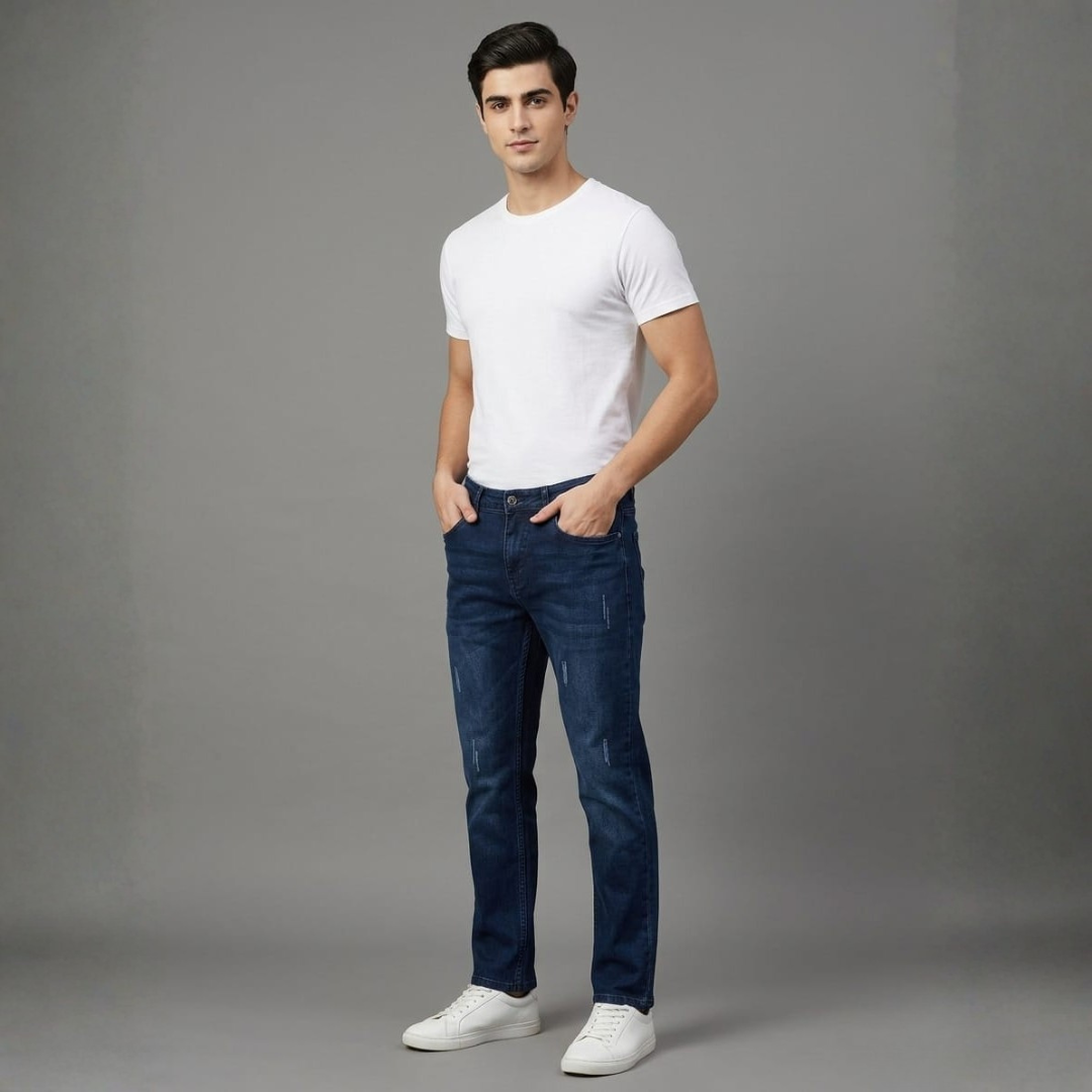 Man in deep navy straight leg jeans with a white tee and white shoes, turned to the side