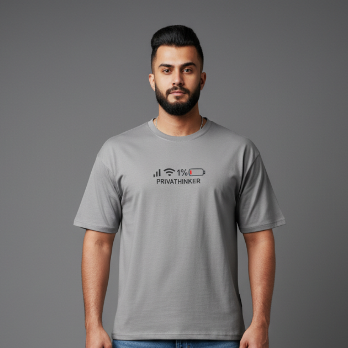 Oversized Super Size T-Shirt in light grey with a small row of icons and a word below